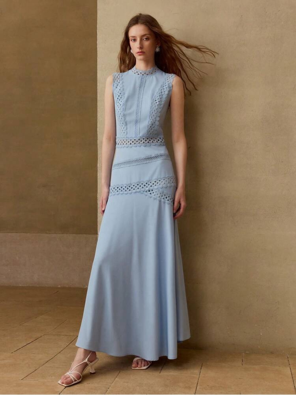 SHEIN Light Blue Sleeveless Lace-Panel Maxi Dress M NWT
